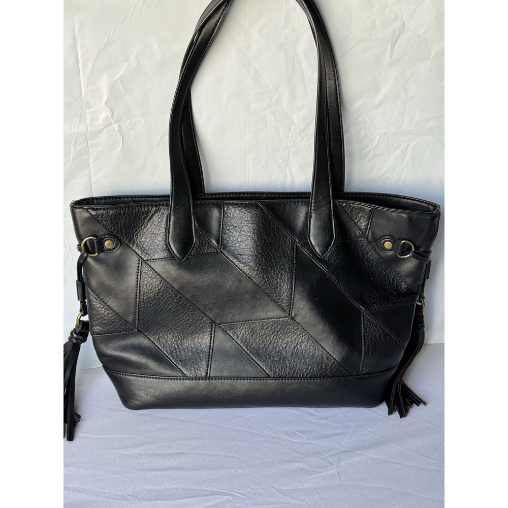 Frye Black Faux Leather Patchwork Tote with Tassels - Picture 2 of 9